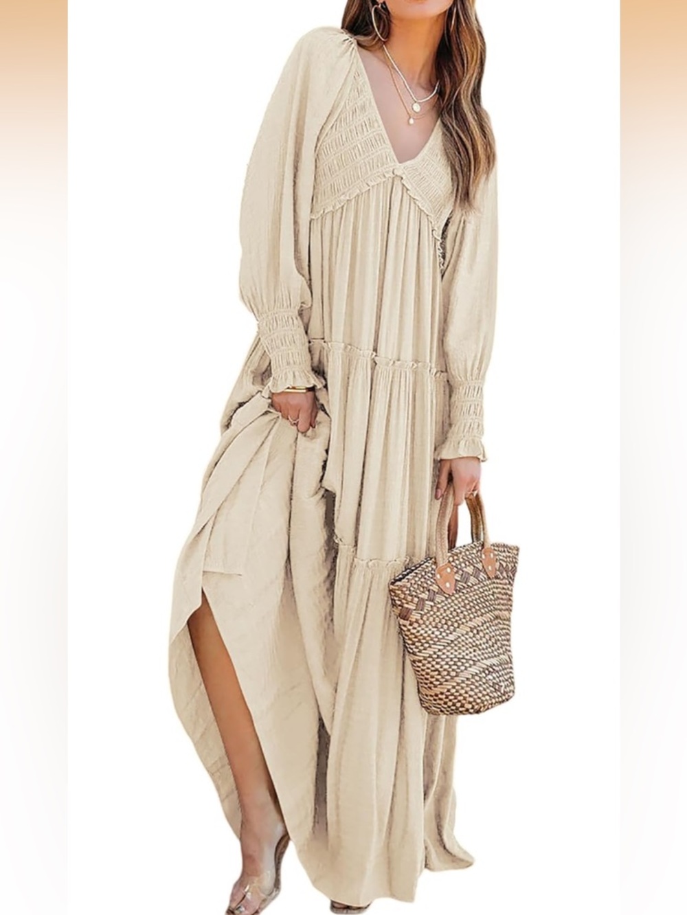 RVivimos Cream Boho Bohemian Maxi Dress New